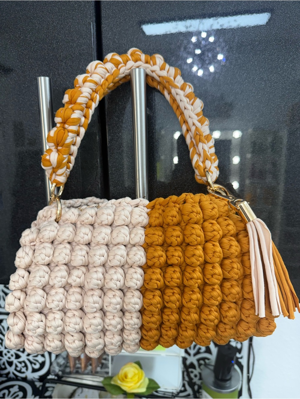 Handwoven Two-Tone Crochet Top-Handle Bag in Mustard and Cream